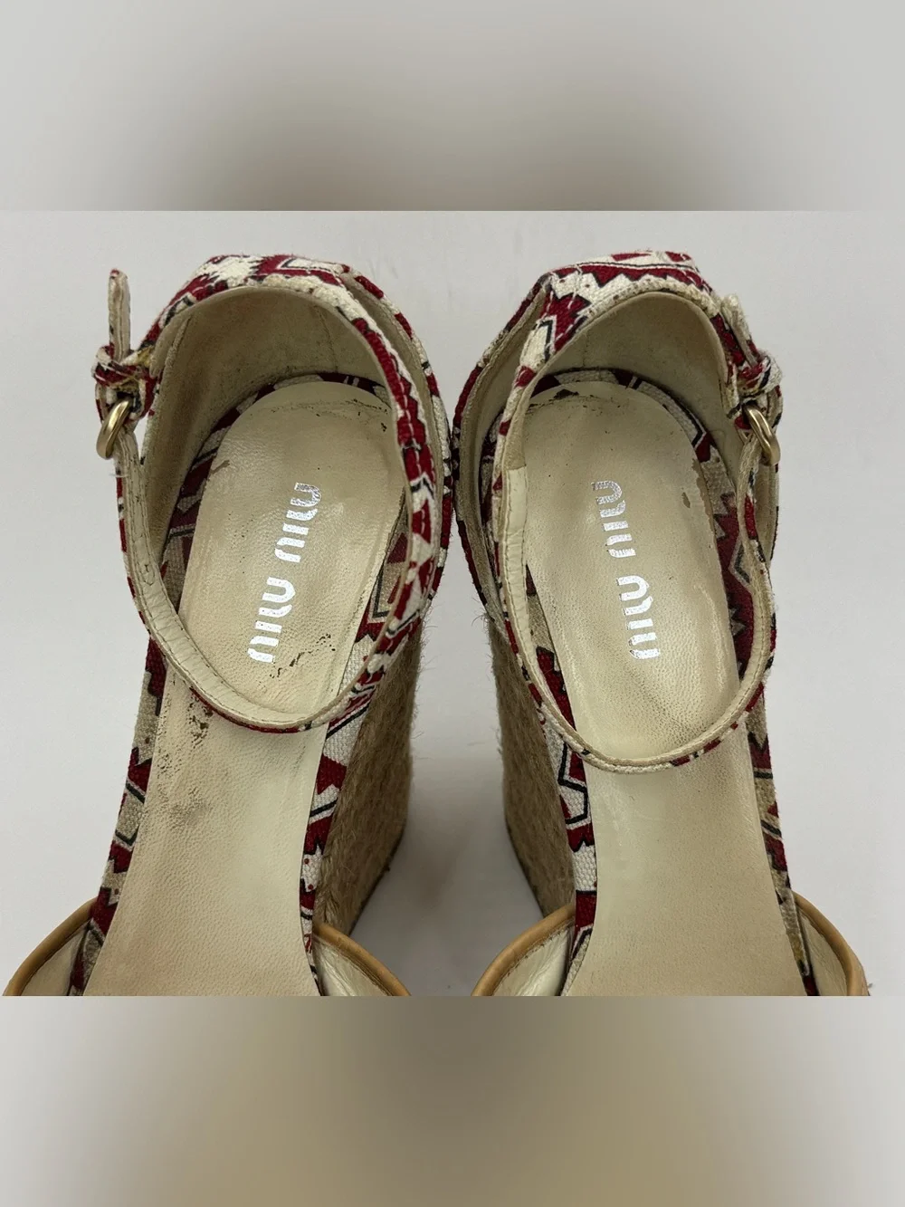 Miu Miu Slingback Wedge Espadrille Multicolor Logo Printed Canvas Ankle Strap 37
